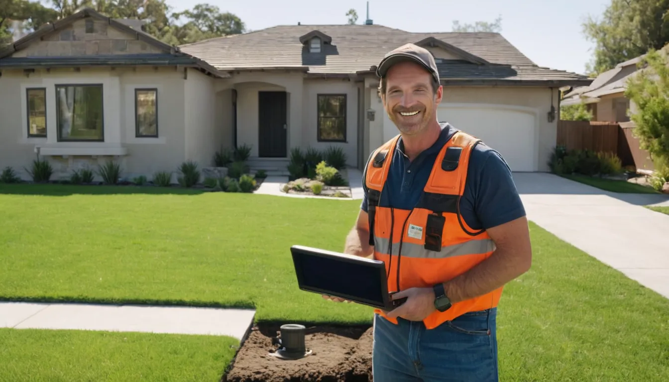 Friendly local provider reviewing a sewer line camera inspection with a homeowner in a Irvine front yard
